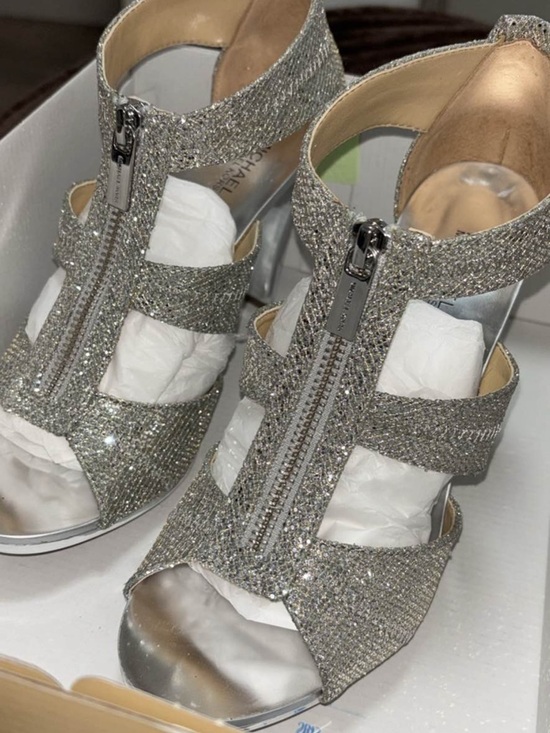 Michael Kors Shoes - Michael Kors Silver Glitter Zip Front Heeled Sandals
